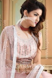 SS Garments 2240 Crope Top of Dupion Silk witn Fancy Cut Slives on it with Handwork Butta Gaghra with Improted Fabrics-1
